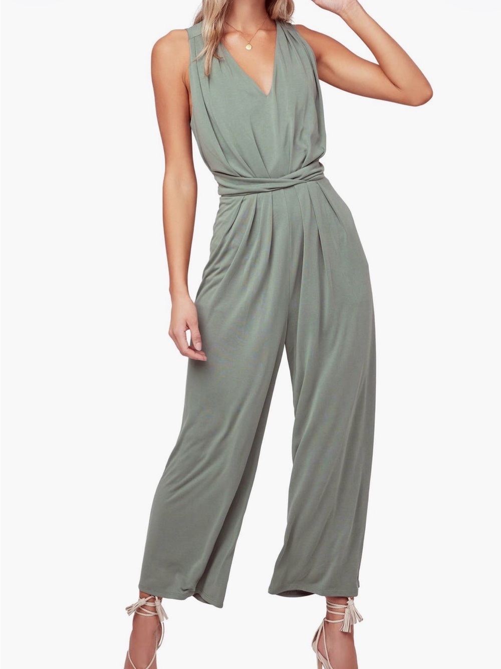 NWOT ASTR Sleeveless V-Neck Wide-Leg Jumpsuit in Sage Green